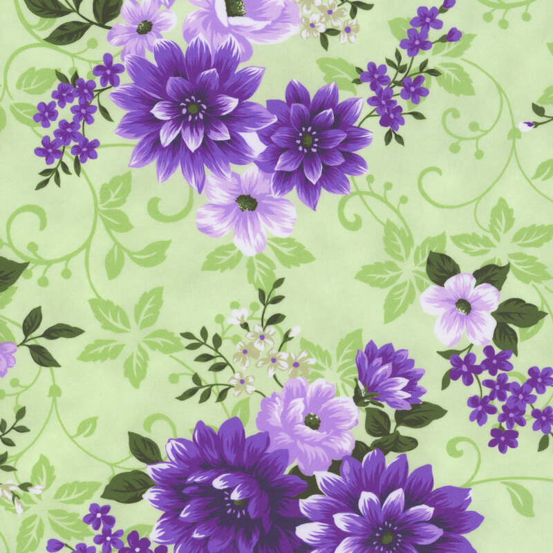Light green fabric with tonal vines and leaves and clusters of purple flowers.