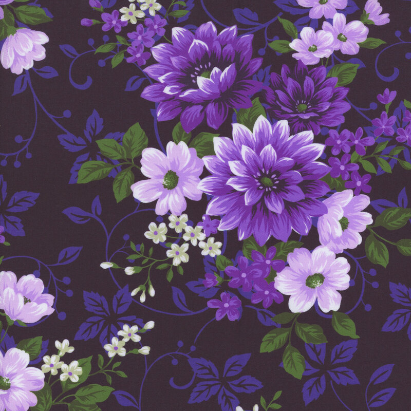 Black fabric with deep purple vines and leaves and clusters of purple flowers.