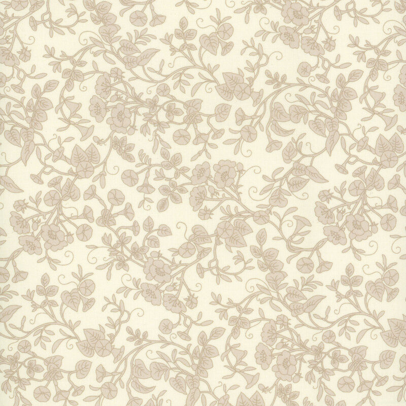Cream-colored fabric with beige vines and flowers.