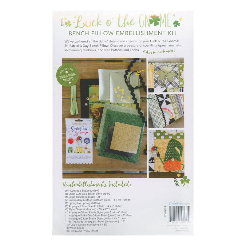 The packaging for the embellishment kit, various photographs of the supplies as well as the finished bench pillow kit.