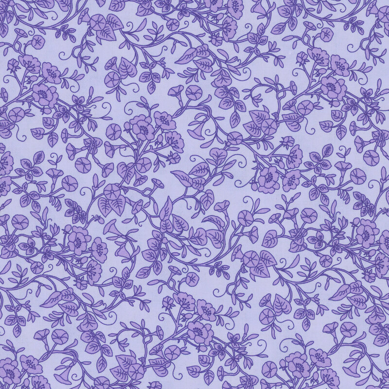Light purple fabric with purple vines and flowers.