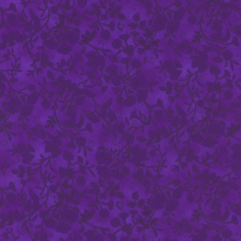 Purple fabric with dark purple vines and flowers.