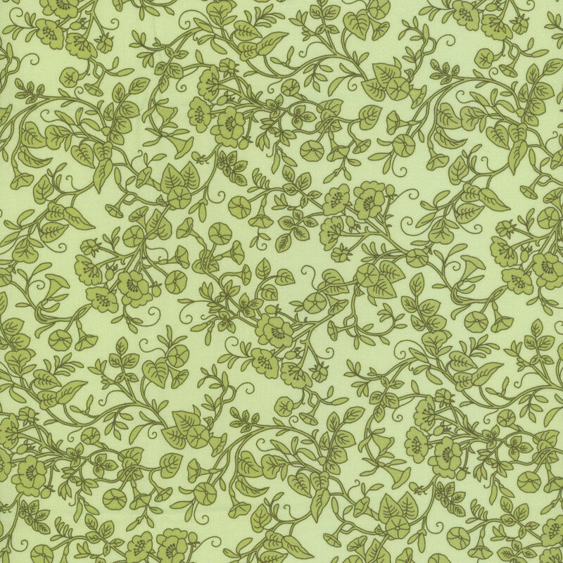 Light green fabric with green vines and flowers.