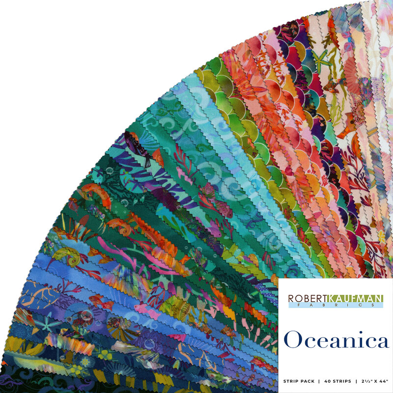 Composite image of all of the fabrics in the Oceanica jelly roll
