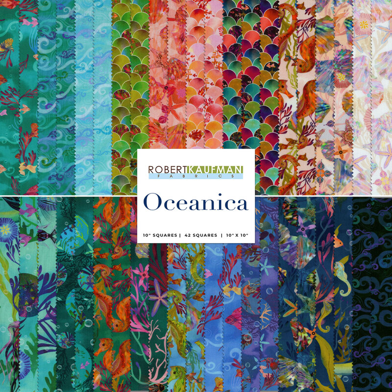 Composite image of all of the fabrics in the Oceanica layer cake