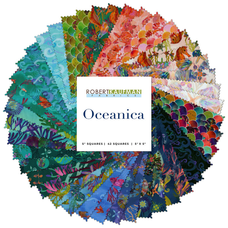 Composite image of all of the fabrics in the Oceanica charm pack