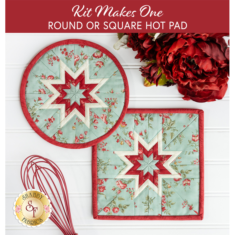 The completed hot pads in both shapes, round and square, staged on a white paneled counter with deep red flowers and a red whisk.