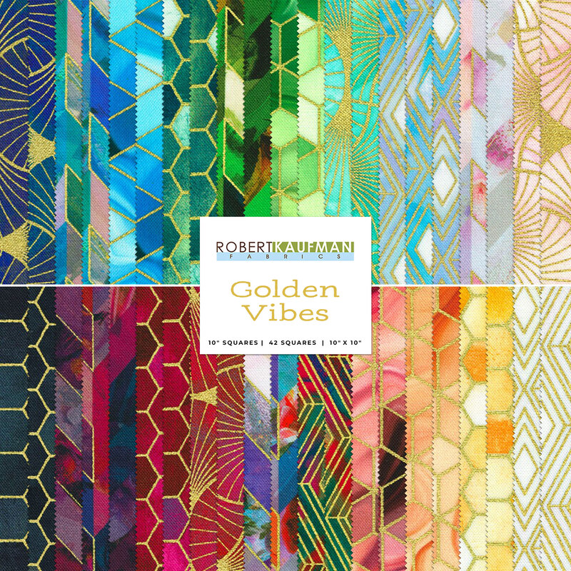 Collage of the colorful fabrics with metallic gold accents included in the Golden Vibes collection