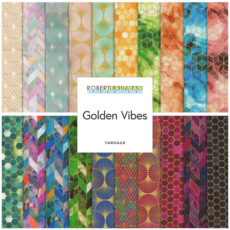 Collage of the colorful fabrics with metallic gold accents included in the Golden Vibes collection