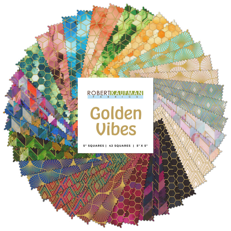 Collage of the colorful fabrics with metallic gold accents included in the Golden Vibes collection