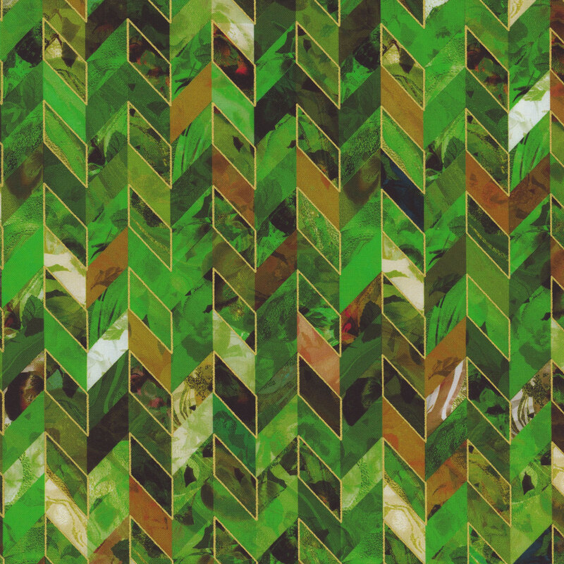 Green fabric with orange mottling and metallic gold accents in a chevron pattern