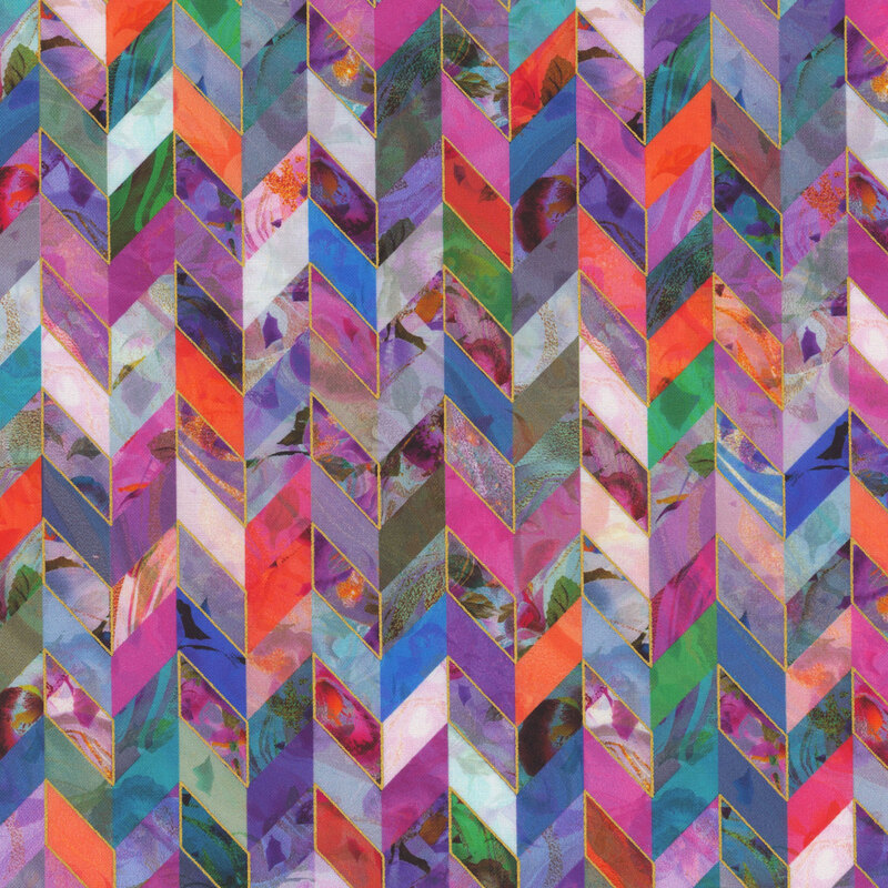 Pinks, purples, blues, oranges, and metallic gold lined chevrons with mottled multicolor accents