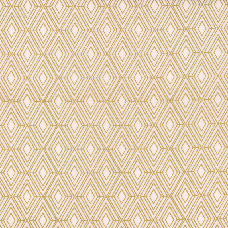White fabric with metallic gold lined diamonds.