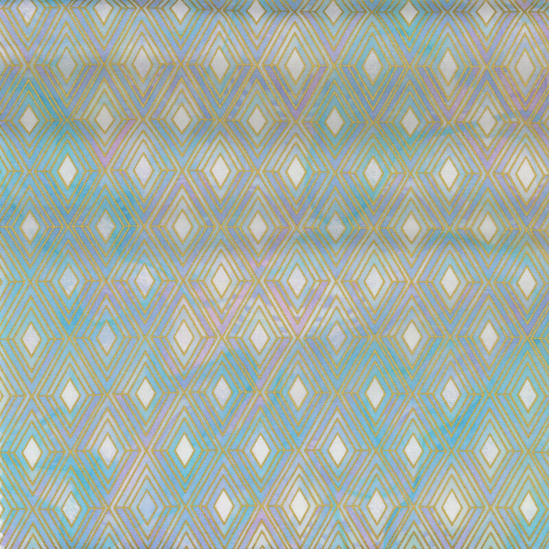 Light blue and pink mottled fabric with metallic gold lined diamonds