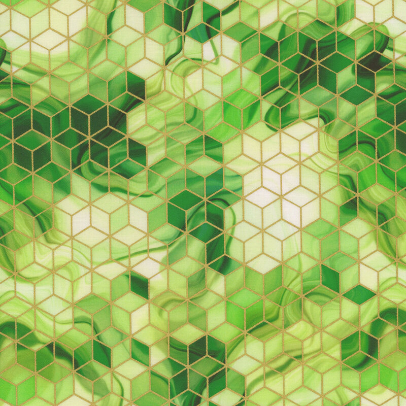 Green mottled fabric with metallic gold accents in a cube pattern