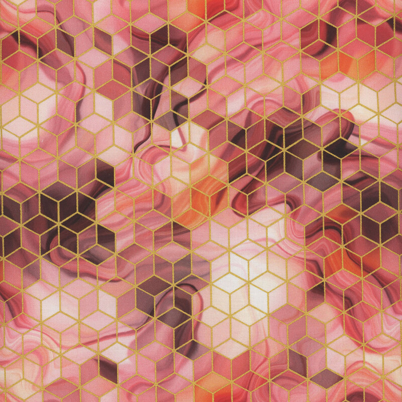 Pink mottled fabric with metallic gold accents in a cube pattern