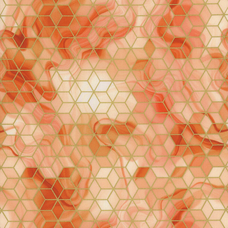 Orange mottled fabric with metallic gold accents in a cube pattern