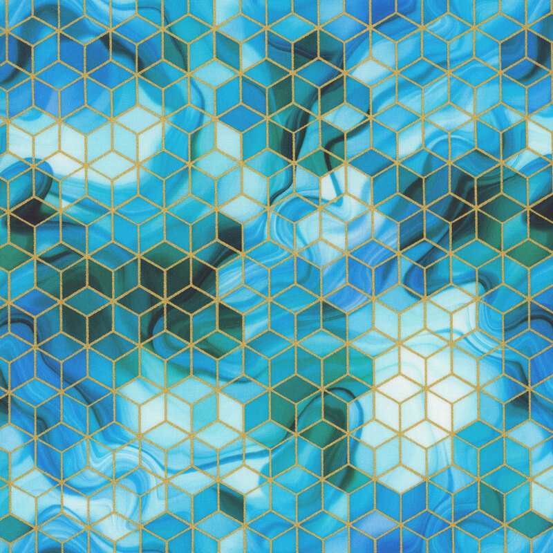 Blue mottled fabric with metallic gold accents in a cube pattern