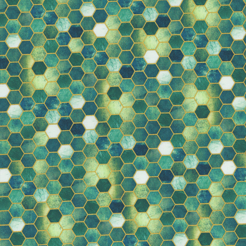 Turquoise mottled fabric with metallic gold accents in a hexagon tiled pattern.