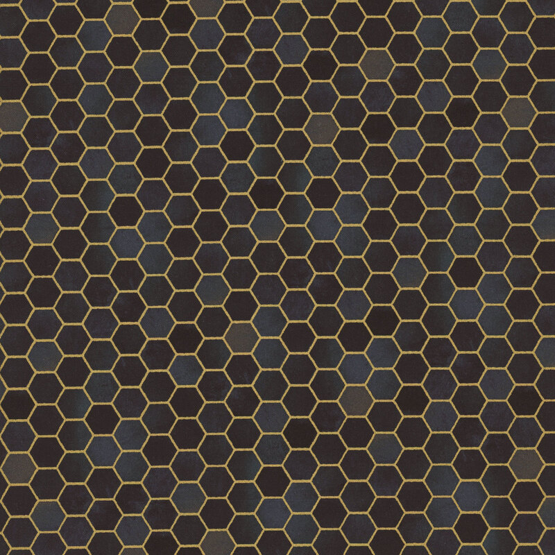 Black mottled fabric with metallic gold accents in a hexagon tiled pattern