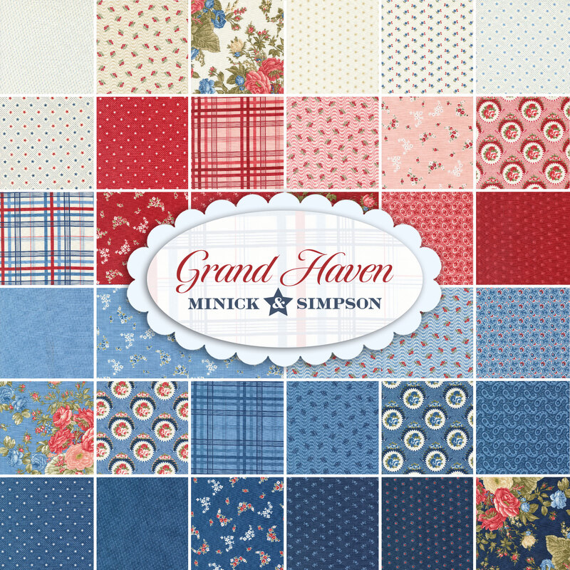 Digital collage of all the cream, red, and blue fabrics included in the Grand Haven collection.