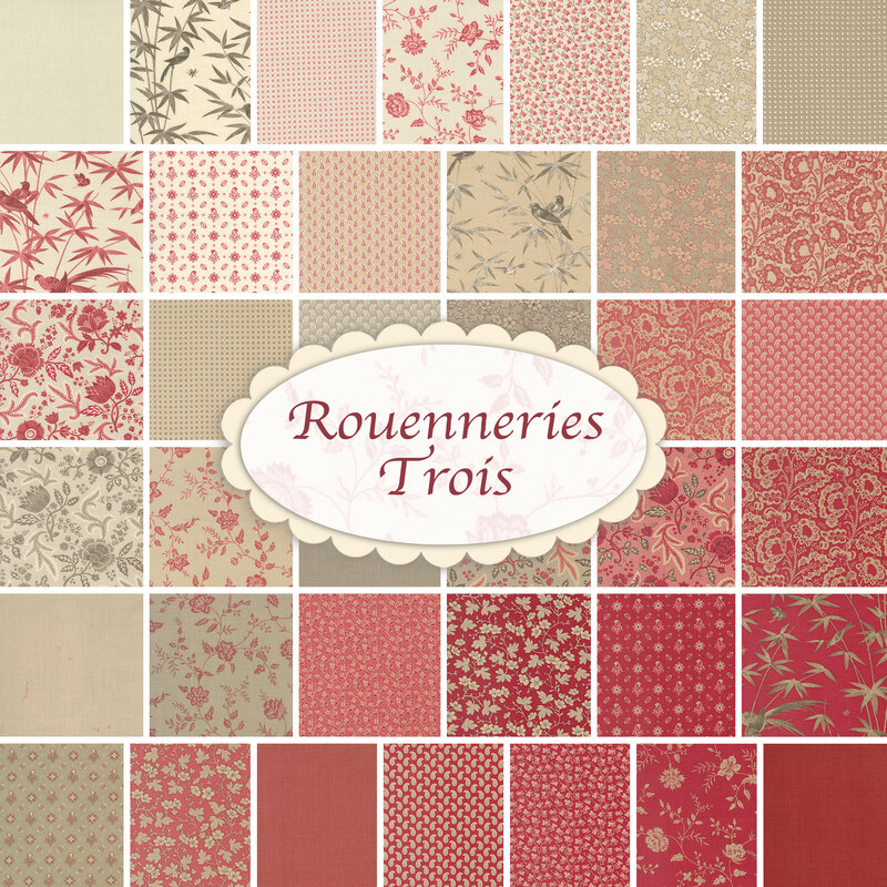Collage of fabrics in Rouenneries Trois in red, pink, gray, and cream