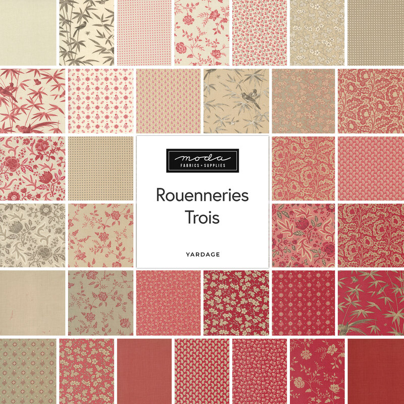 Collage of fabrics in Rouenneries Trois in red, pink, gray, and cream