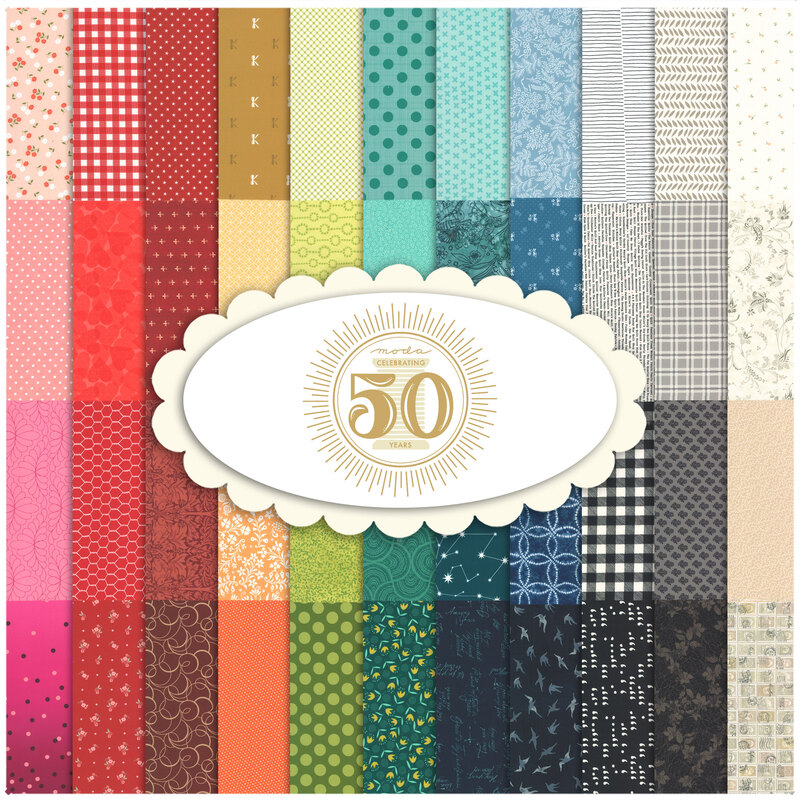 Collage of the rainbow fabrics included in the Celebrating 50 Years of Moda collection.