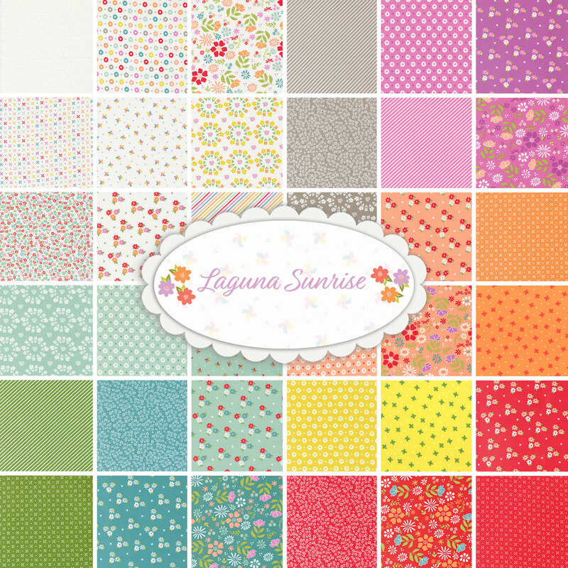 Collage of fabrics in Laguna Sunrise featuring floral designs in many colors