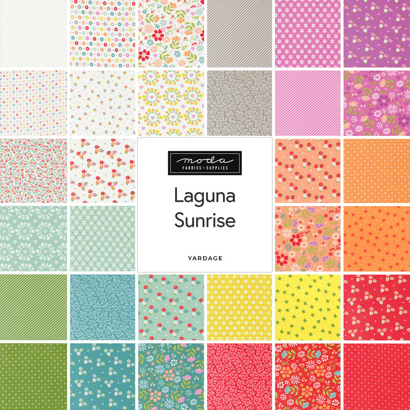 Collage of fabrics in Laguna Sunrise featuring floral designs in many colors