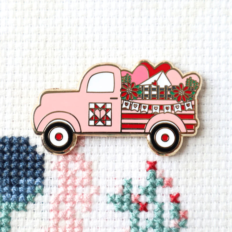 The Valentines Vintage Truck needle miner displayed on a hand embroidery project 