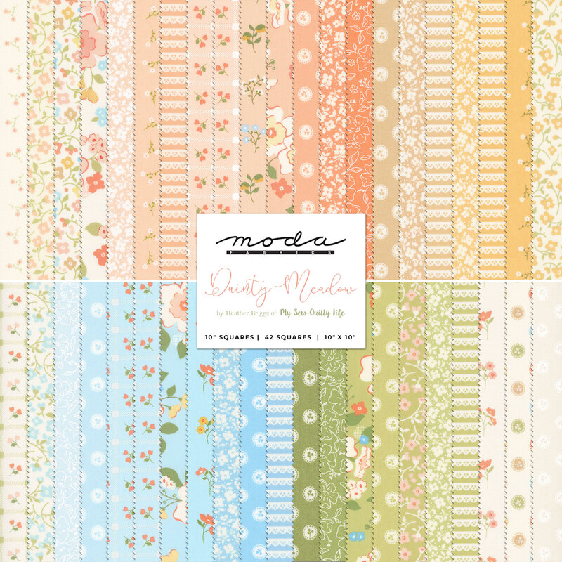 A pastel rainbow collage of the floral calico fabrics included in the Dainty Meadow collection.