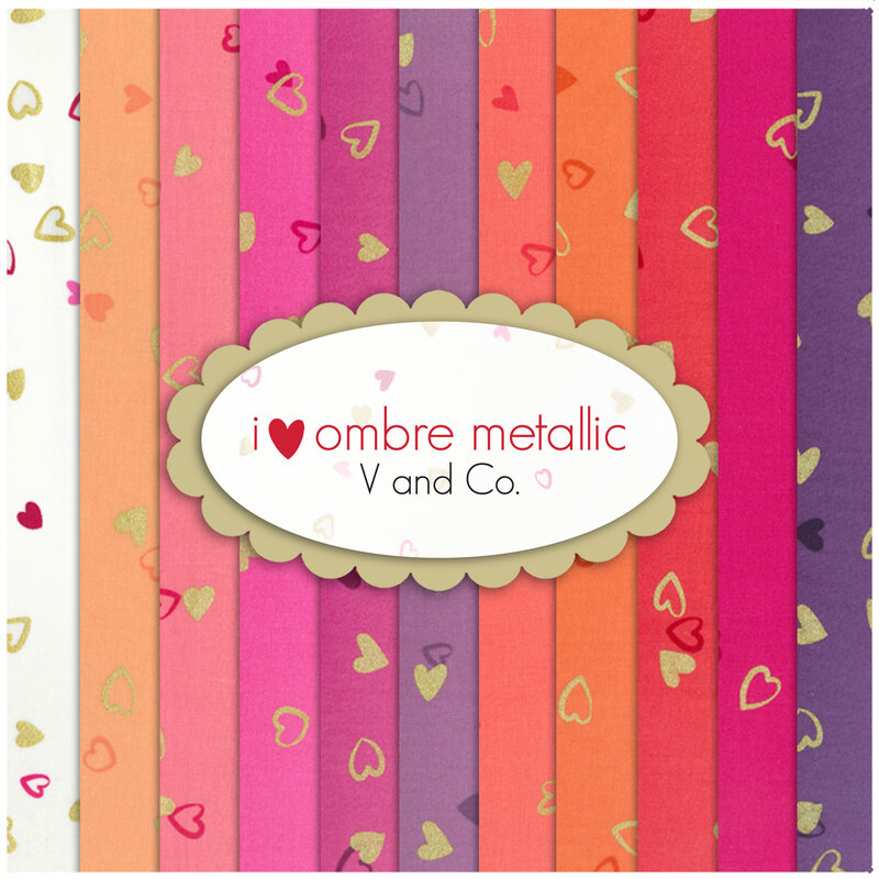 Collage of fabrics in I Heart Ombre Metallic featuring metallic hearts on pink, red, orange and purple fabrics