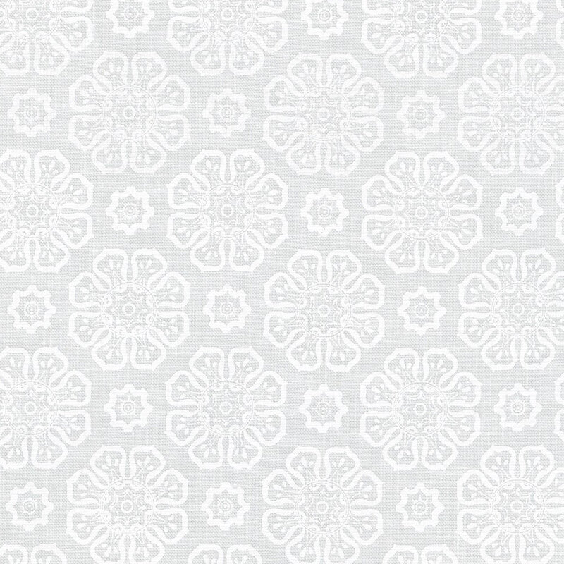Digital image of white tonal fabric with floral motifs evenly spaced apart.
