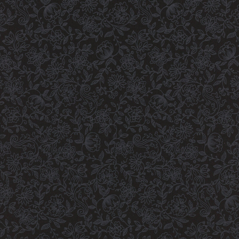 Black fabric with gray vines all over.