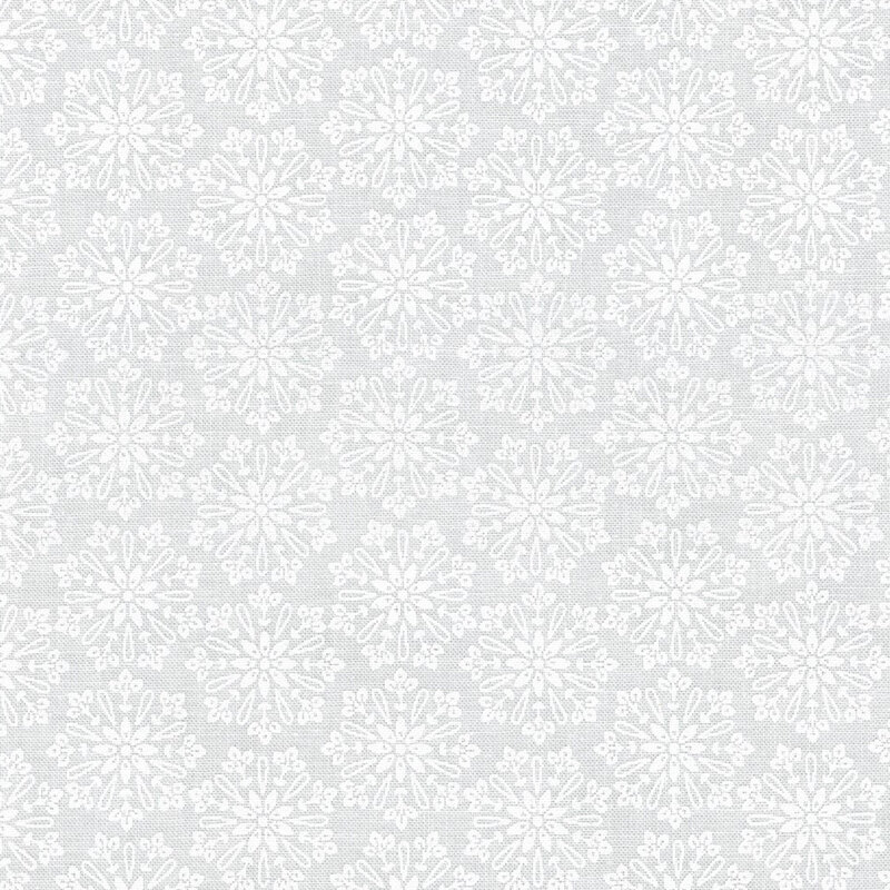 Digital image of tonal white fabric with round packed together flowers.