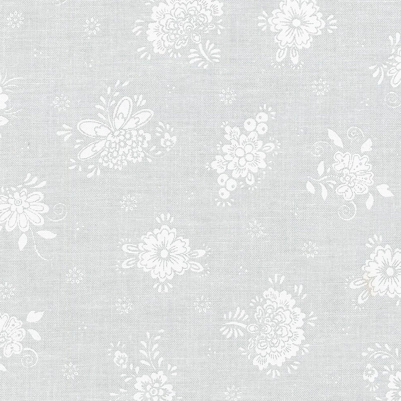 Digital image of white tonal fabric with evenly spaced apart flowers.