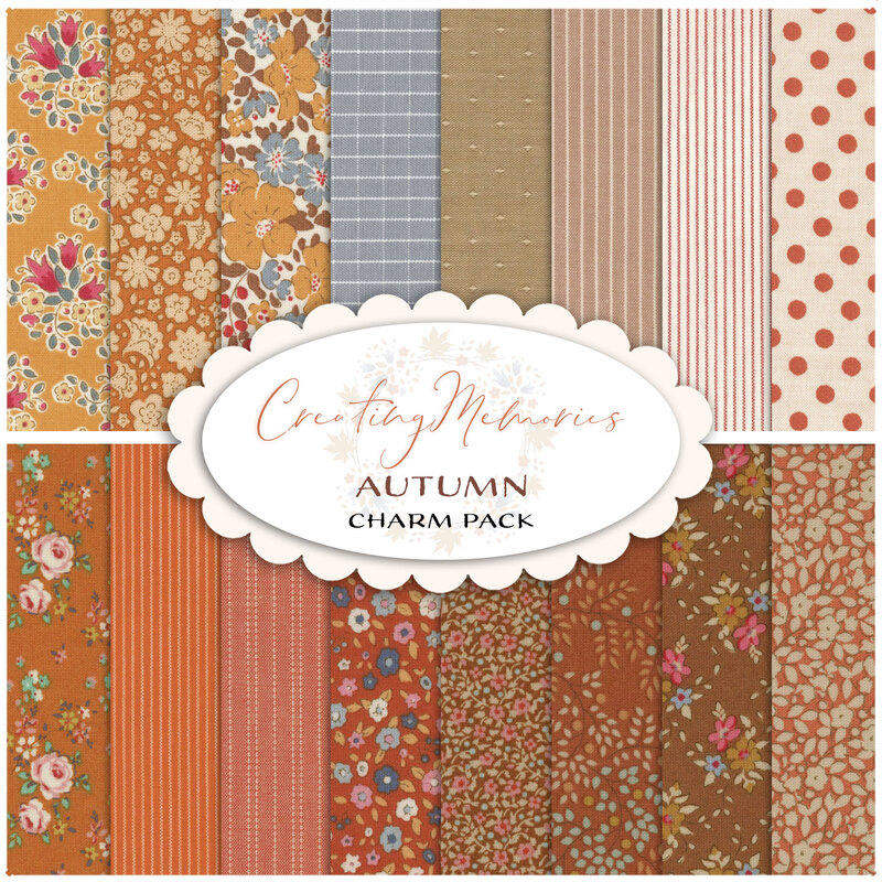 Collage image of the fabrics included in the Autumn Charm Pack for the Creating Memories collection