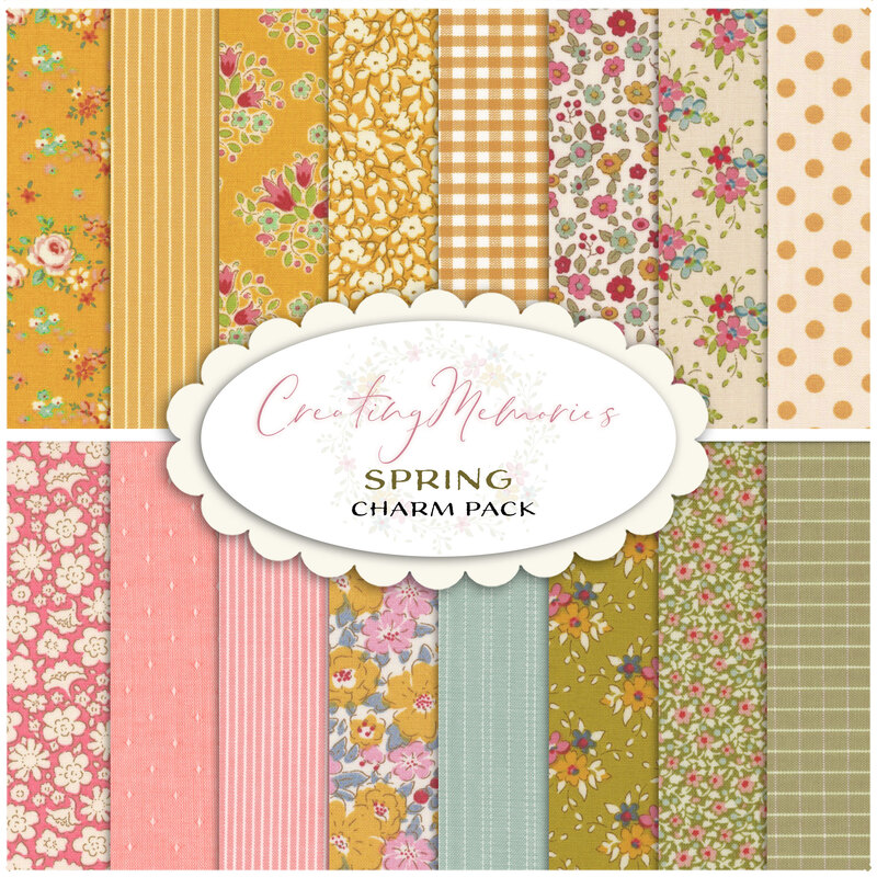 Collage image of the fabrics included in the Spring Charm Pack for the Creating Memories collection