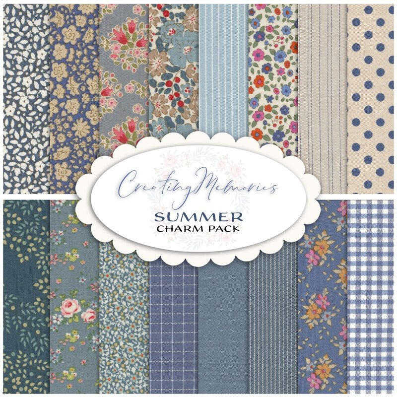 Collage image of the fabrics included in the Summer Charm Pack for the Creating Memories collection
