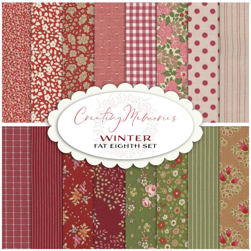 Collage image of the fabrics included in the Winter Fat Eighth Set for the Creating Memories collection