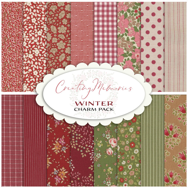 Collage image of the fabrics included in the Winter Charm Pack for the Creating Memories collection