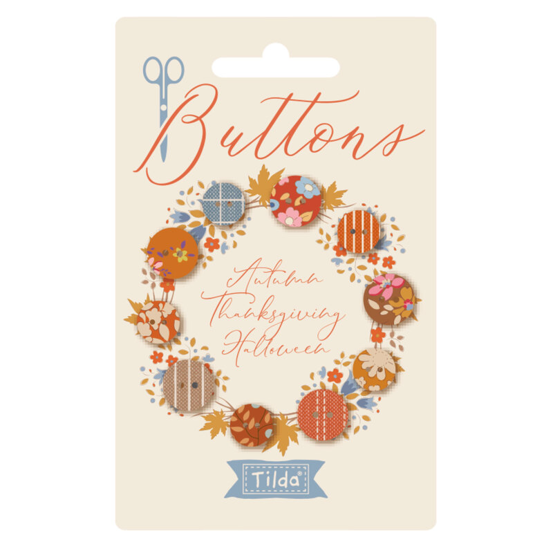 Image of a card with Autumn Thanksgiving Halloween fabric covered buttons arranged in a circle