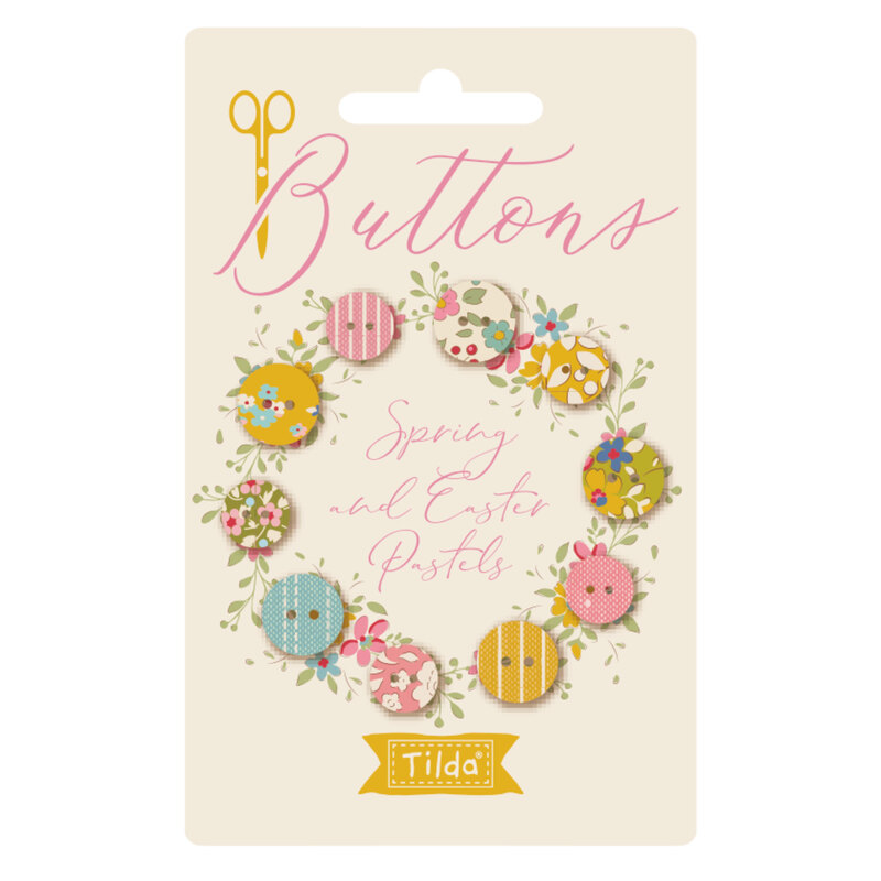 Image of a card with Spring and Easter Pastels fabric covered buttons arranged in a circle