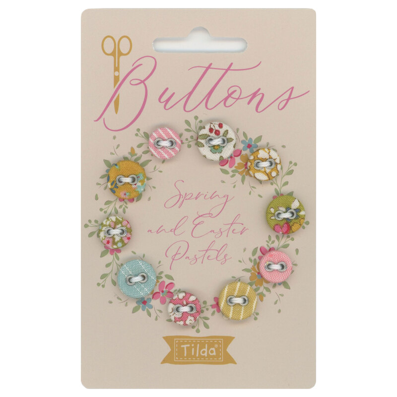 a card with Spring and Easter Pastels fabric covered buttons arranged in a circle