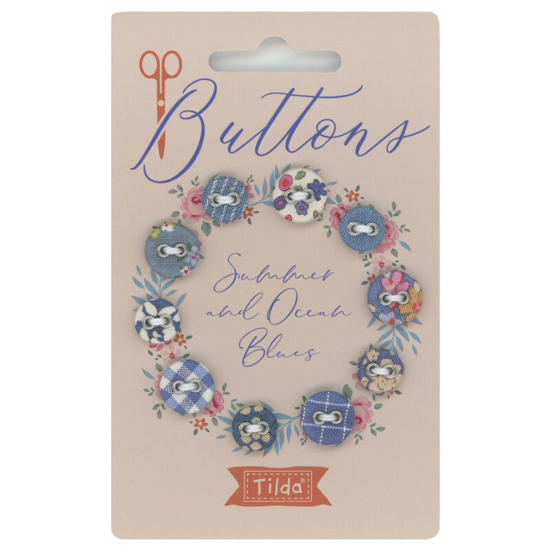 a card with Summer and Ocean Blues fabric covered buttons arranged in a circle