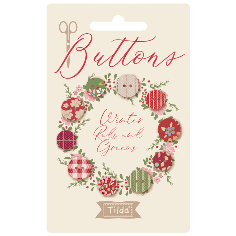 Image of a card with Winter Reds and Greens fabric covered buttons arranged in a circle