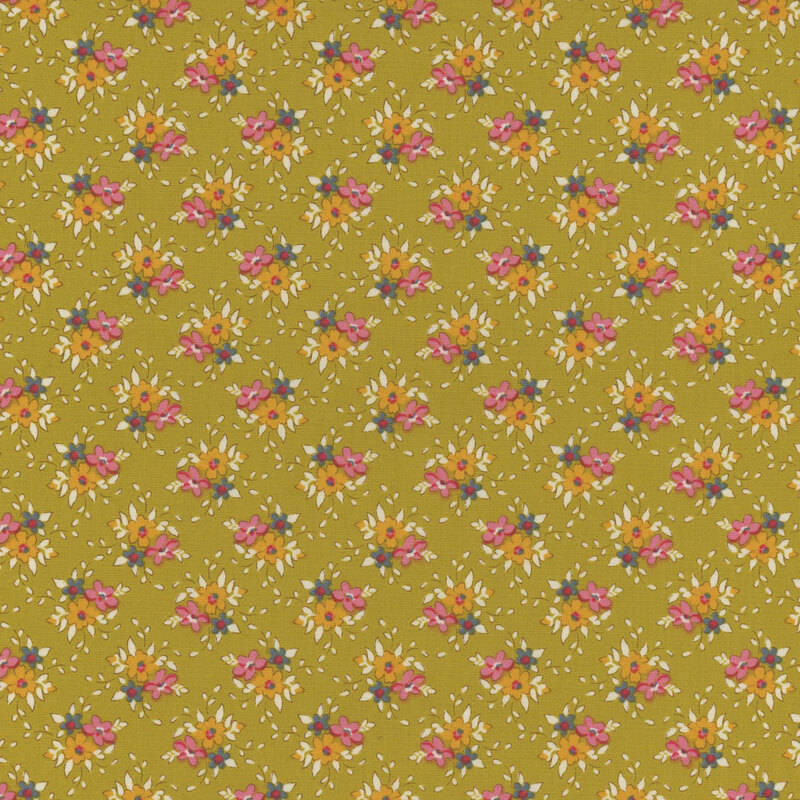 Green fabric with clusters of orange and pink flowers with cream leaves
