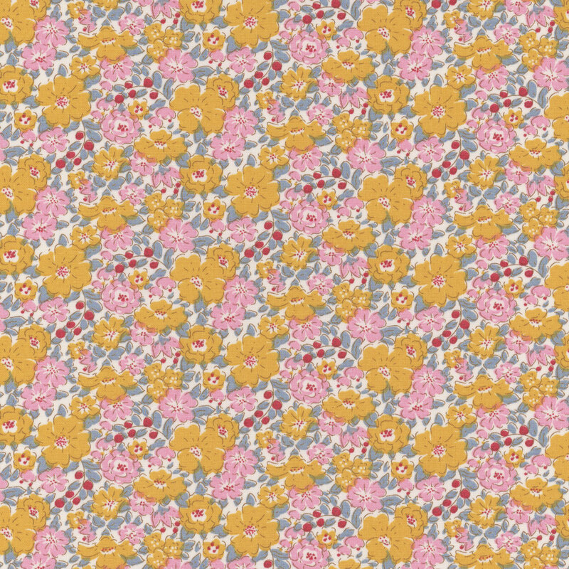White fabric with pink and yellow flowers, blue/grey leaves, and red berries clustered closely together all over
