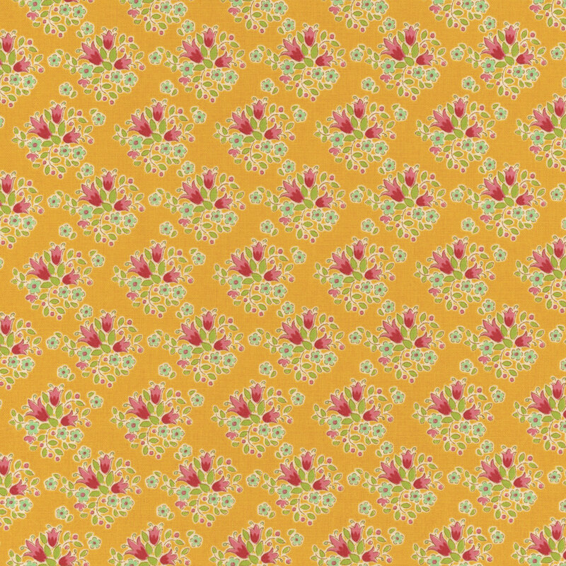 Bright yellow fabric with clusters of upright pink flowers and green leaves
